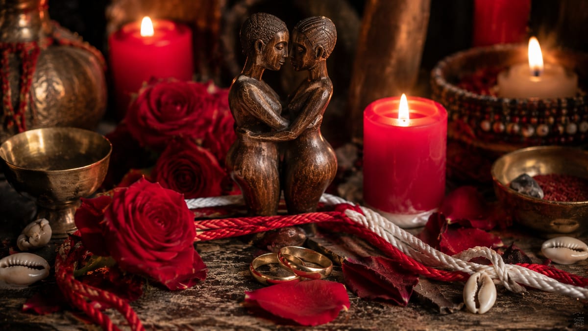Deux statuettes enlacées, roses rouges, alliances et cordon tressé