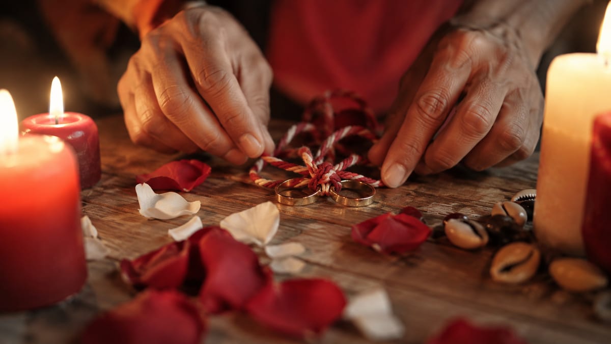 Mains nouant un lien au-dessus de pétales de rose et de bougies rouges